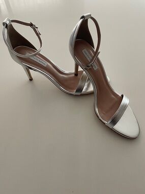 Saks Fifth Avenue Silver Metallic Open-Toe Ankle-Strap Heels